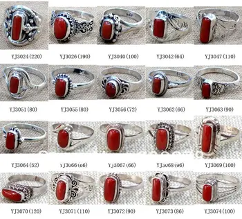 Sumaišykite Didmeninė 10VNT Tibeto Papuošalai, Žiedai, 925 Sidabro Apdaila Gamtos Baboo Koralų Žiedai Vyras ir Moteris