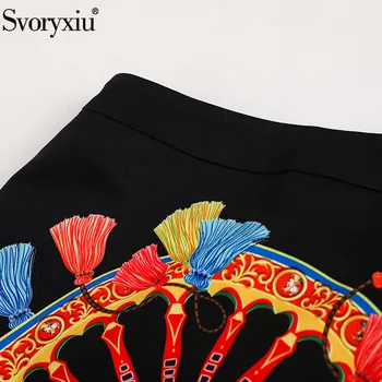Svoryxiu Mados Dizaineris Rudens Sijonas tinka Moterų Sexy Off Peties Raukiniai Palaidinė + Print Juodas Mini Sijonas 2 dalių Komplektas