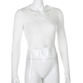 Sweetown Ilgos Rankovės Vientisos Baltos Pagrindinių Pasėlių Top Marškinėliai Korėjos Mados Stilius Moterų Megzti Atsitiktinis Viršūnes 2020 M. Rudenį Streetwear