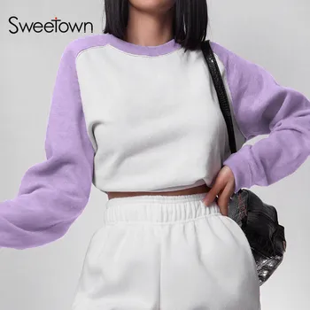 Sweetown Kratinys Colorblock Megztiniai Megztinis Moterims Atsitiktinis Palaidų korėjiečių Drabužius ilgomis Rankovėmis Pasėlių Prakaito marškinėliai Rudenį