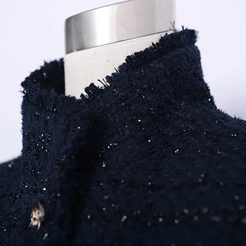 Tamsiai mėlyna tvido švarkas pavasario / rudens /žiemos moterų striukė, paltas klasikinis ponios laukiniai ponios šviesus vielos tinklelio tvido švarkas
