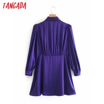 Tangada moterų violetinę satino marškinėliai suknelė ilgomis rankovėmis duobute mygtukai patelės mini suknelės vestidos 2W41