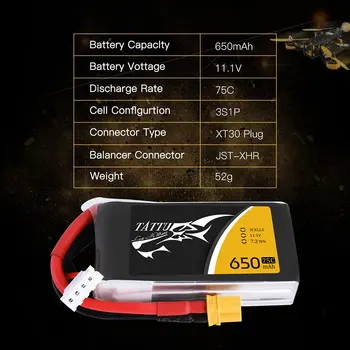 Tattu 650mAh 11.1 V 3S 75C-150C Lipo Baterija su XT30 Jungtis, skirta 130 Dydžio Modeliai Žiemą Patalpose FPV Lenktynių