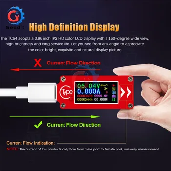 TC64 QC2.0 QC3.0 Tipas-C spalvotas LCD ekranas USB Voltmeter Ammeter Įtampa Srovės Matuoklis Multimetras Baterijos Kroviklį Power Bank USB Testeris