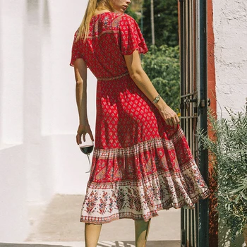 TEELYNN midi Boho suknelės 2020 raudonos spalvos gėlių spausdinti vasaros suknelė ilgai seksualus V-kaklo, elastinga juosmens Bohemijos moterų suknelės, paplūdimio vestidos
