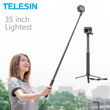 TELESIN 35inch Anglies Pluošto Lengviausias Selfie Stick + Aliuminio Lydinio Trikojo GoPro Hero 5 6 7 8 9 Osmo Veiksmų Priedai