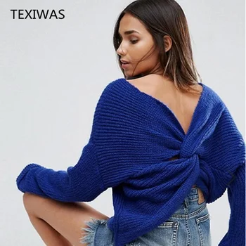 TEXIWAS 2018 naujas Teigiamas ir neigiamas nešioti ilgomis rankovėmis V-kaklo džemperis mados multi-color off peties moteriški drabužiai
