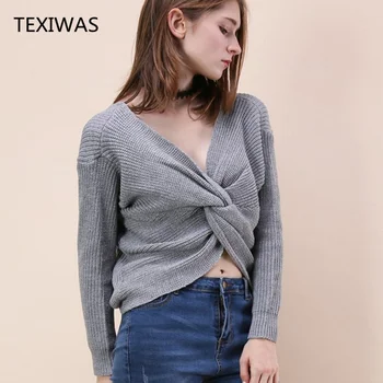 TEXIWAS 2018 naujas Teigiamas ir neigiamas nešioti ilgomis rankovėmis V-kaklo džemperis mados multi-color off peties moteriški drabužiai