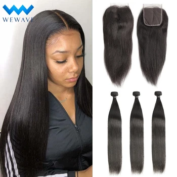 Tiesiai žmogaus plaukų ryšulius su uždarymo mergelės brazillian plaukų pratęsimo pynimo preplucked trumpas ilgas juodas moterų 3 ryšulius
