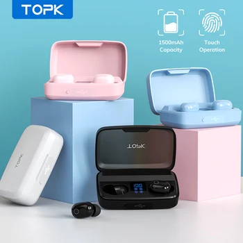 TOPK TWS Belaidės Ausinės ausinė Bluetooth V5.0 ausinės pirštų Atspaudų Touch 1500mAh Baterija Langelį Sporto Vandeniui ausinių