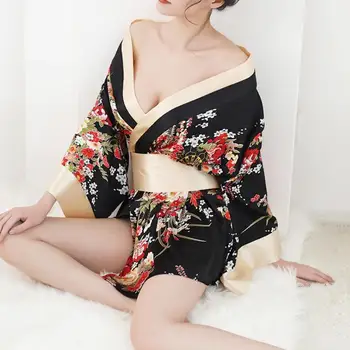 Tradicinio prekinio Ženklo Moterys Japonų Kimono Sleepwear Seksualus Giliai V-kaklo Kimono Satino Gėlių Spausdinti naktiniai drabužiai Trumpas Chalatas, Vonios пижама