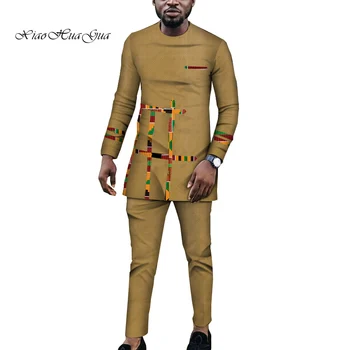 Tradicinis Afrikos Apranga Vyrams heidi bazin Riche Viršūnes Suknelė ir Kelnės Afrikos Vyrų Drabužius ilgomis Rankovėmis Marškinėliai Kelnės Nustatyti WYN920