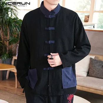 Tradicinis kinų Vyrų Atsitiktinis Marškinėliai Stovėti Apykaklės Streetwear Kišenės Derliaus Mygtuką Elegantiškas Marškinėliai Vyrams, ilgomis Rankovėmis Camisa INCERUN