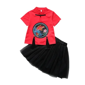 Tradicinės Kinų Red Dragon Elementas Bamblys Vaikams, Kūdikių Berniukų, Mergaičių Siuvinėjimo marškinėliai Komplektus Drabužių Nustatyti bebes