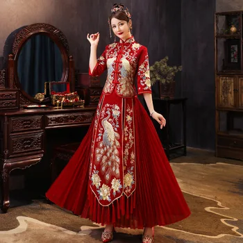 Tradicinės Kinų Vestuvių Suknelė Rytų Stiliaus Suknelės Kinijos Drabužių Plius Dydis 6XL 2020 Šiuolaikinės Cheongsam Raudona Qipao Ilgai