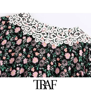 TRAF Moterų Elegantiškos Mados Appliques Gėlių Spausdinti Mini Suknelė Vintage trumpomis Rankovėmis Elastinga Juosmens Moterų Suknelės, Vestidos