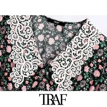 TRAF Moterų Elegantiškos Mados Appliques Gėlių Spausdinti Mini Suknelė Vintage trumpomis Rankovėmis Elastinga Juosmens Moterų Suknelės, Vestidos