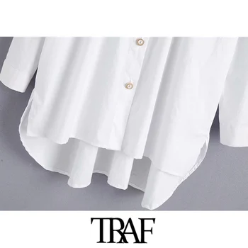 TRAF Moterų Mados Negabaritinių Asimetrija Palaidinės Derliaus ilgomis Rankovėmis Mygtuką-iki Moterų Marškiniai Blusas Prašmatnus Viršūnės