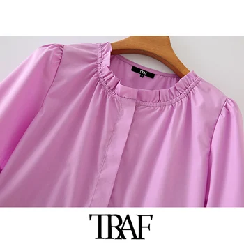 TRAF Moterų Saldus Mados Ruffles Klostuotas Mini Suknelė Vintage O Kaklo trumpomis Rankovėmis Moterų Suknelės, Vestidos Mujer
