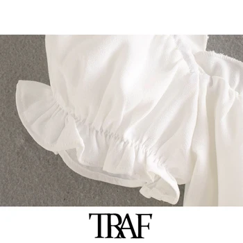 TRAF Moterų Saldus Mados Susiėmę Apkarpytos Palaidinės Derliaus Sluoksniuotos Rankovėmis Pusėje Užtrauktukas Moterų Marškiniai Blusas Prašmatnus Viršūnės