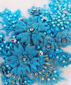 Trimatis gėlių šviesiai mėlyna siūti cirkonio karoliukai nėrinių aplikacijos, apdailos pleistrai 38*23cm dėl aprangos aksesuaras