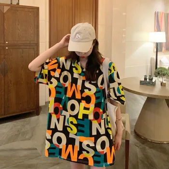 Trumparankoviai marškinėliai Ilgai Viršuje Moterų 2021 M. Vasarą Streetwear Harajuku Mados Plius Dydis Prarasti Kawaii Girl korėjos Laiško Spausdinimas