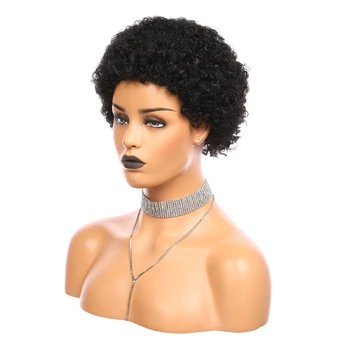 Trumpas Afro Keistą Garbanoti Perukai Natūralus Juodas 1B Brazilijos Remy Žmogaus Plaukų Perukai Už juodaodžių Moterų Pilna Mašina Perukai
