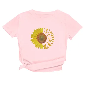 Trumpas Rankovės moteriški marškinėliai Apvalios Kaklo Saulėgrąžų Moterų Spausdinti Atsitiktinis Vasaros Viršūnes корейский стиль