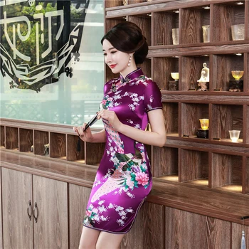 Trumpas Stiliaus Šilko Satino Kinų Tradicinė Suknelė Moterims Stora Bodycon Moterų Cheongsam Qipao Rytų Kimono Vonios Chalatas Suknelė