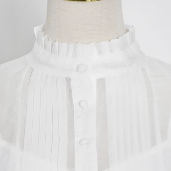 TWOTWINSTYLE Elegantiška Baltos spalvos Suknelė Moterims Stovėti Apykaklės, Žibintų Rankovėmis Aukštos Juosmens Varčias 