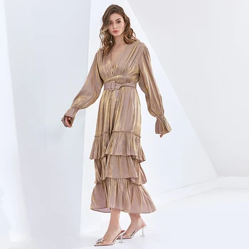 TWOTWINSTYLE Vintage Suknelė Moterims V Kaklo Sluoksniuotos Long Sleeve Ruched Aukšto Juosmens Varčias Elegantiškas Vidurio Suknelės Moterų 2020 M. Rudenį Naujų