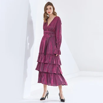 TWOTWINSTYLE Vintage Suknelė Moterims V Kaklo Sluoksniuotos Long Sleeve Ruched Aukšto Juosmens Varčias Elegantiškas Vidurio Suknelės Moterų 2020 M. Rudenį Naujų