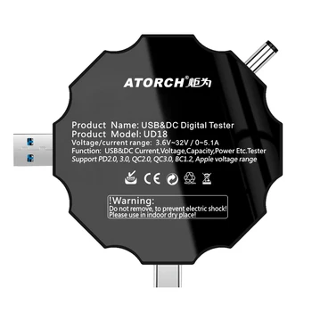 UD18 APP USB 3.0 Tipas-C PD DC5.5 5521 Voltmeter ammeter įtampa srovės matuoklis baterijos įkrovimo priemonė, kabelių atsparumas Testeris