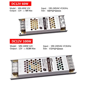 Ultra Plonas LED Maitinimo šaltinis DC 12V 24V 60W 100W 150W 200W 300W Apšvietimo Transformatorius KINTAMOSIOS srovės 190-240V LED Driver LED Juostelės Laboratorija