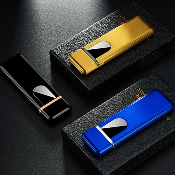Ultra Plonas Mini Metalo Žiebtuvėlių, USB Elektros Lengvesni Pirštu Paliesti Spausdinimo Gaisro Rūkymo Reikmenys Vėjo Vyrų Dovana