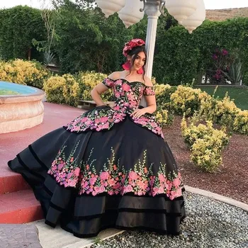Unikalus Juoda Quinceanera Suknelės Meksikos 2020 Trumpas Rankovės Maskuotis Prom Inscenizacija Suknelė Saldus 15 Suknelė vestidos de quinceañera