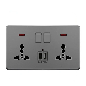 Universalus Sieninis Elektros Lizdas adapteris, lizdo , 2.1 Dual USB Įkroviklis Uosto,146mm*86mm, LED indikatorius, USB Įjungtas-Lizdas, Pilkas