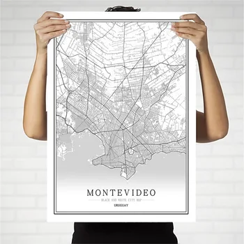 Urugvajus Kūrybos miesto žemėlapį Montevidėjas Abstrakčios Tapybos Drobės Juoda ir balta Siena Menas Spausdinti Plakato Nuotrauką Namų Puošybai