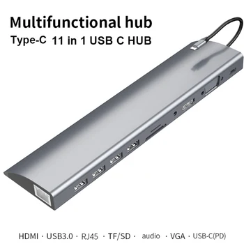 USB C HUB Docking Station Adapterio Tipas C su USB 3.0 4K HMDI RJ45 VGA PD 