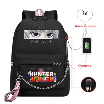 USB Įkrovimo Kuprinės Mergaitės Berniukai Anime Mokyklos Krepšiai Hunter X Hunter Akis Killua HxH Mochila Infantil Harajuku Paaugliams