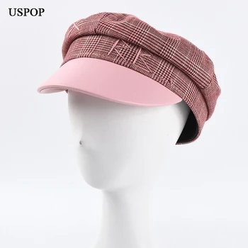 USPOP 2020 m. Moteris Newsboy kepurės XRB kratinys PU kepurės rudenį, žiemą Rožinės spalvos pledas skydelis bžūp militray kepurės
