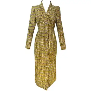 V-kaklo, ilgomis rankovėmis mažas kvapnių tvido suknelė moterims rudens žiemos vidurio-ilgis vieną krūtinėmis slim paketo klubo suknelė