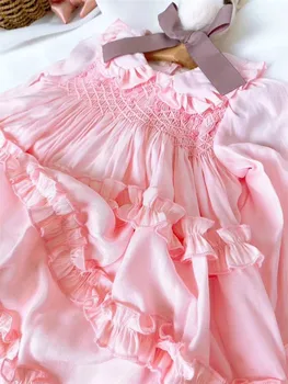 Vaikai Boutique Mergina Derliaus Rankų Smocked Rožinė Suknelė Kids Rankų Darbo Raukiniais Emboridery Suknelės Kūdikių Ispanijos Frock Drabužiai