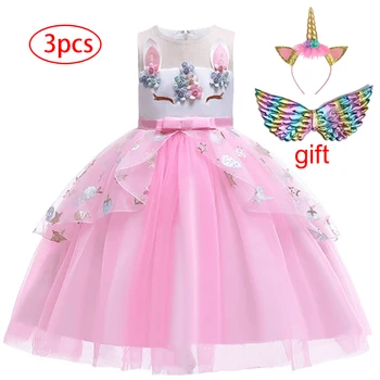 Vaikai Suknelė 2021 Gėlių Mergaitėms Vestuvių Suknelė Vaikų Gimtadienio Vakaro Veiklos Suknelės 3pcs Vaivorykštė Vienaragis Vestido 10Y
