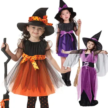 Vaikai Vaikų Mergaičių Helovinas Ragana Dress+Hat Vaikų Dienos Princesė Šalis Suknelės Karnavalas Cosplay Kostiumų SER88