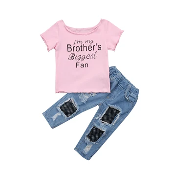 Vaikams Baby Girl Medvilnės marškinėliai Topai+ Skylę Akių Džinsus, Kelnes 2vnt Komplektai Rinkinys Drabužiai