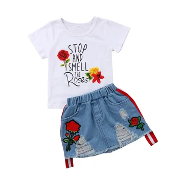 Vaikams Baby Girl Vasaros Drabužių Komplektus, T-marškinėliai, Topai+Džinsinio Sijonai Sundress 2VNT Nustatyti Dydis 2-6T