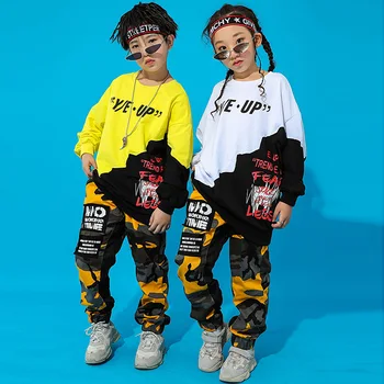 Vaikas Hip-Hop Drabužių, Negabaritinių Marškinėlius ilgomis Rankovėmis Marškinėliai Camo Top Krovinių Pants Mergaitė Berniukas Džiazo Šokio Kostiumas Dėvėti Drabužiai