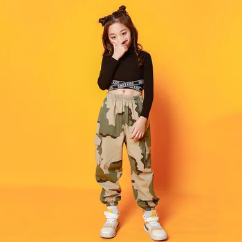 Vaikas Hip-Hop Drabužių Palaidinukė Pasėlių Top ilgomis Rankovėmis Kamufliažas Streetwear Taktinis Krovinių Pants Mergina Šokio Kostiumų, Drabužių