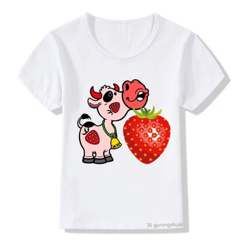 Vaikiški drabužiai marškinėliai juokinga braškių karvė rožinė cute girl marškinėliai animacinių filmų spausdinti vaikai viršūnes berniukų/mergaičių Harajuku baltos spalvos marškinėlius